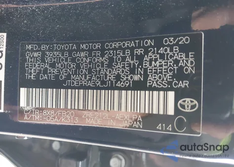 2020 Toyota Corolla Le z USA, uszkodzony, nr VIN JTDEPRAE9LJ114691